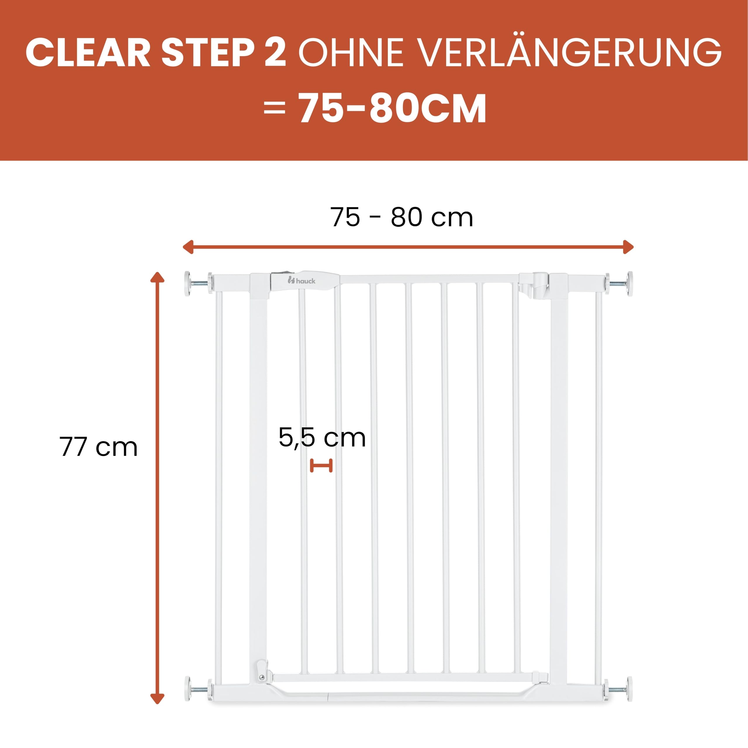 hauck Clear Step 2, Weiß - Kinderschutzgitter Hundegitter, Verstellbare Breite 75-80 cm, 77 cm Hoch, Flacher Einstieg, Einhand Öffnung, ohne Bohren, für Innen