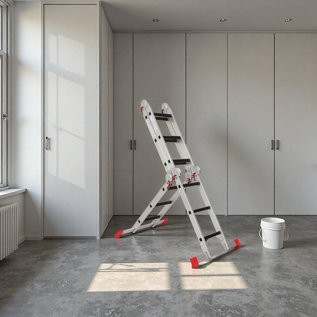 AMHANCIBLE Mehrzweckleiter, Leiter, 3.4M Aluleiter, 4 x 3 Stufen, Trittleiter, Haushaltsleiter, bis 150 kg,12 Stufen, in 6 Positionen, TÜV/GS Zertifiziert, Anti-Rutsch, Stabil und Robust EBAL01RD