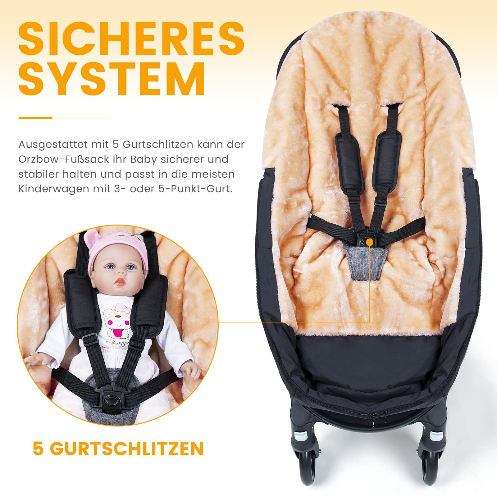Orzbow Fußsack Buggy, Künstliches Lammfell Fußsack Kinderwagen Baby Winter mit Reißverschluss, Abnehmbar, Universelle & Wasserdicht, Maschinenwaschbar, Schwarz