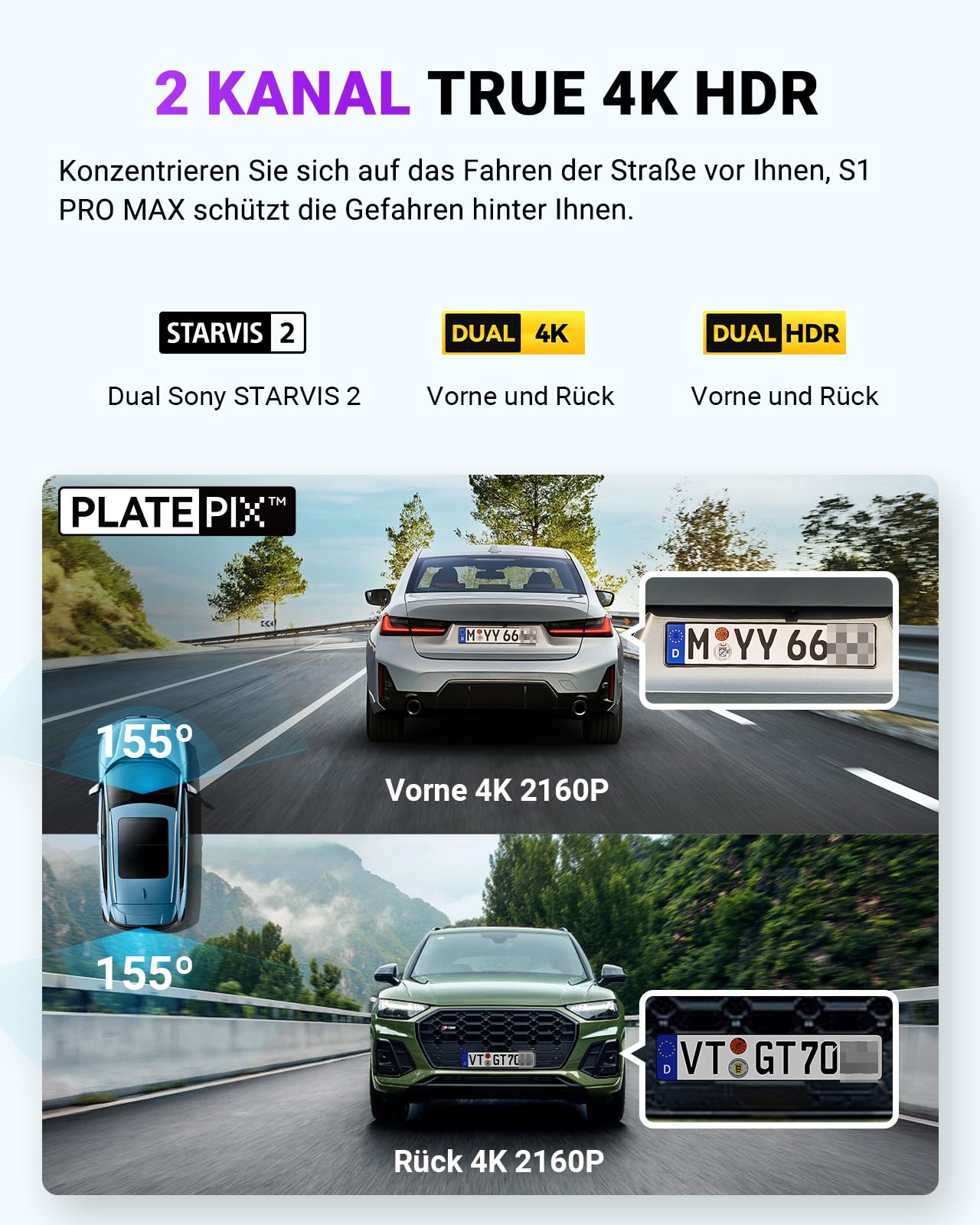 VANTRUE S1 PRO MAX 4K + 4K Dashcam Auto Vorne Hinten mit Dual STARVIS 2 Nachtsicht HDR, 24H Parkmodus Dash Cam, 5,8GHz WLAN GPS 360 Grad Auto Kamera, ADAS, LTE Optional, Sprachbefehl, 1TB Max