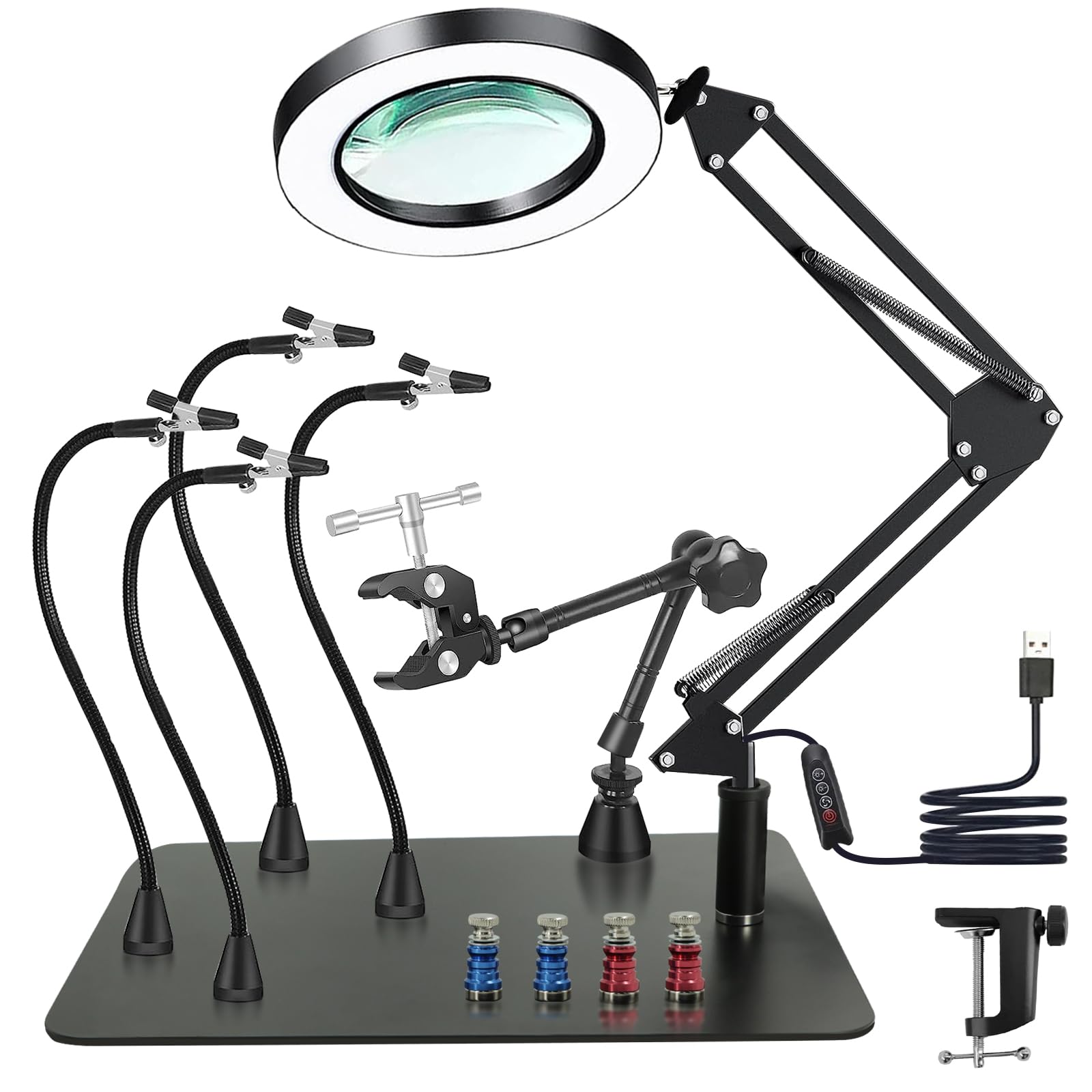 Dritte hand Löten, Magnetische Löthilfe Helfende Hand mit 10X Lupe Licht, Lötstation mit 4 PCB-Säulen 4 flexibel Arme und 1 Mechanischer Tragarm, Löthilfe für Schweißer, Schmuckhersteller, Handwerk