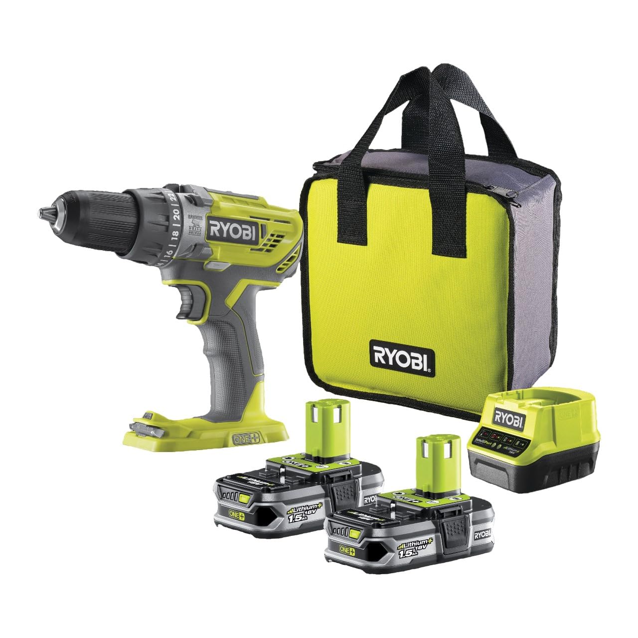 RYOBI 18 V ONE+ 2-Gang Akku-Schlagbohrschrauber R18PD3-215S, 13mm Bohrfutter, 24 Drehmoment Einstellungen, inkl. 4,0 Ah und 2,0 Ah Akku & Ladegerät