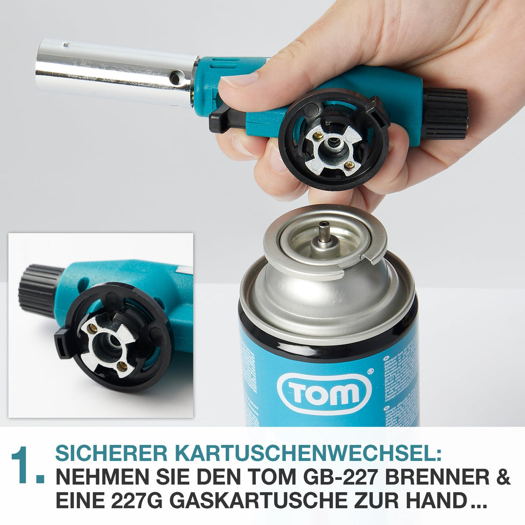 TOM Gasbrenner – Brenneraufsatz - Gaskartuschen mit Bajonettverschluss MSF-1A für Werkstatt, Garten, Küche & Co. – 1300°C – Piezozündung – Lötbrenner – Bunsenbrenner (Gasbrenner mit 4 Gaskartuschen)