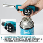 TOM Gasbrenner – Brenneraufsatz - Gaskartuschen mit Bajonettverschluss MSF-1A für Werkstatt, Garten, Küche & Co. – 1300°C – Piezozündung – Lötbrenner – Bunsenbrenner (Gasbrenner mit 4 Gaskartuschen)