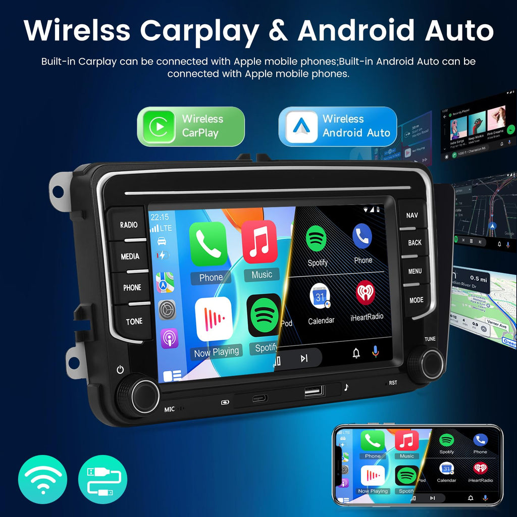 NHOPEEW 7 Zoll Android Autoradio mit 4 + 64 GB und USB Typ-C-Anschluss für VW Passat B6, B7 Golf 5 6 Jetta T5 EOS POLO Touran Seat Sharan Unterstützt CarPlay und Android Auto WiFi GPS + Rückfahrkamera