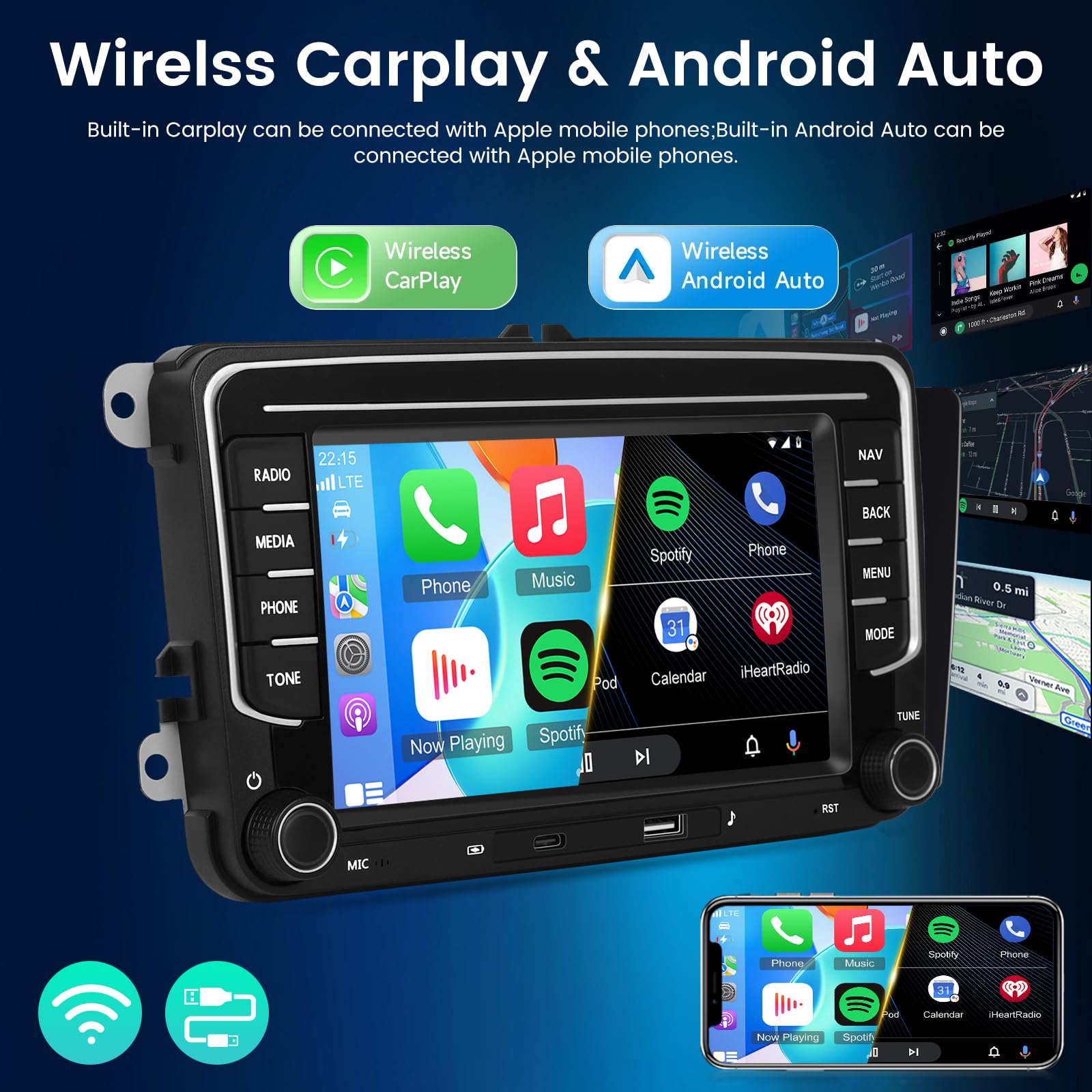 NHOPEEW 7 Zoll Android Autoradio mit 4 + 64 GB und USB Typ-C-Anschluss für VW Passat B6, B7 Golf 5 6 Jetta T5 EOS POLO Touran Seat Sharan Unterstützt CarPlay und Android Auto WiFi GPS + Rückfahrkamera