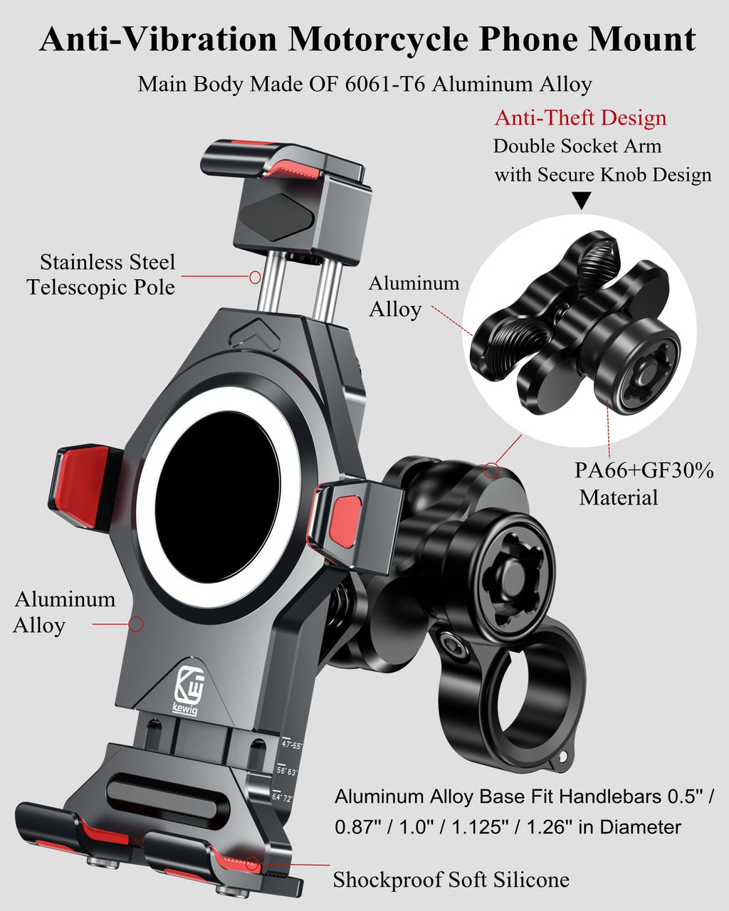 BRCOVAN Aluminiumlegierung Motorrad Handyhalterung mit Vibrationsdämpfer, Diebstahlsichere Handy Motorradhalterung, Verstellbar Lenker Handyhalter für Fahrrad, Roller, ATV, für 4,7-7,2 Zoll Smartphone