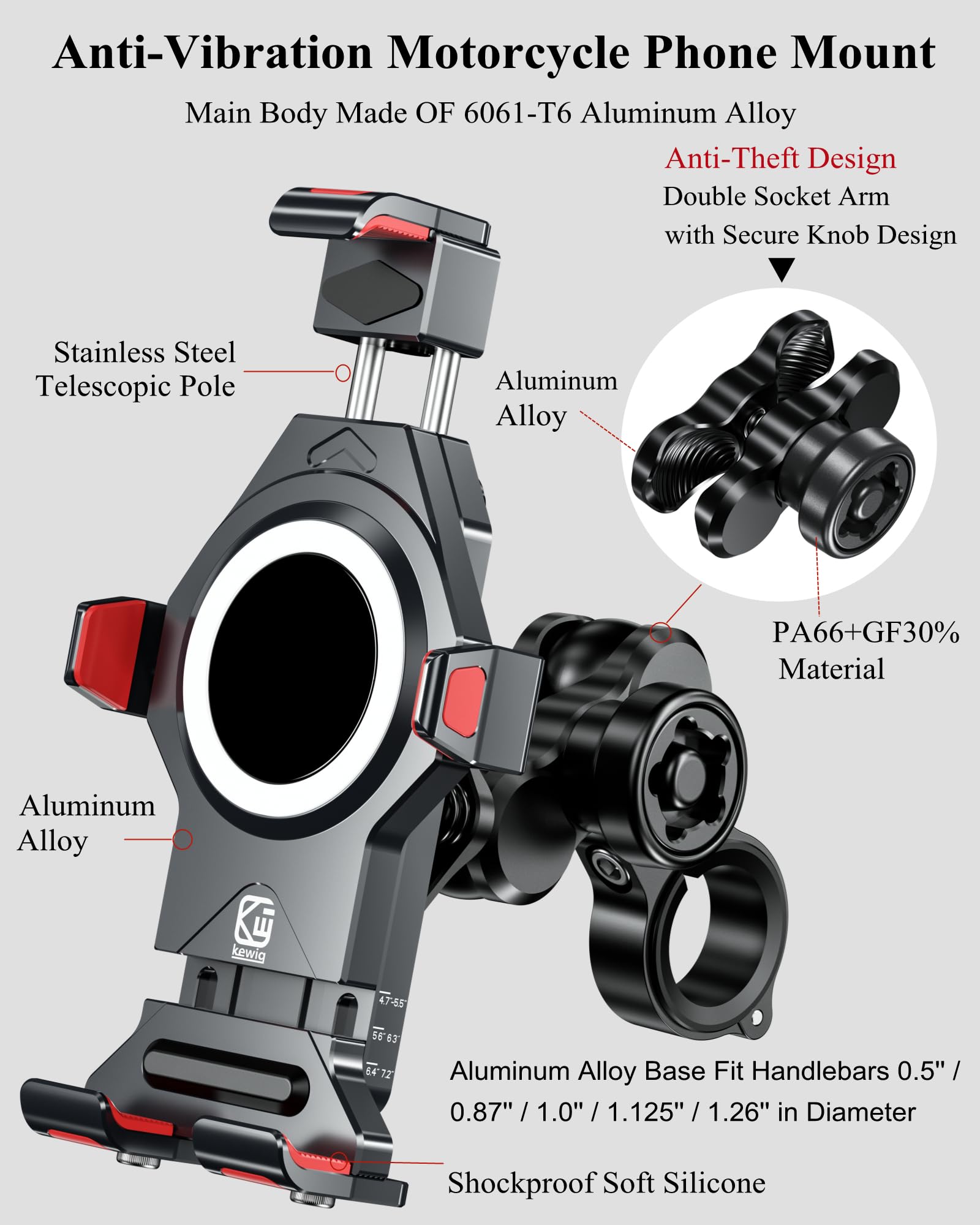 BRCOVAN Aluminiumlegierung Motorrad Handyhalterung mit Vibrationsdämpfer, Diebstahlsichere Handy Motorradhalterung, Verstellbar Lenker Handyhalter für Fahrrad, Roller, ATV, für 4,7-7,2 Zoll Smartphone