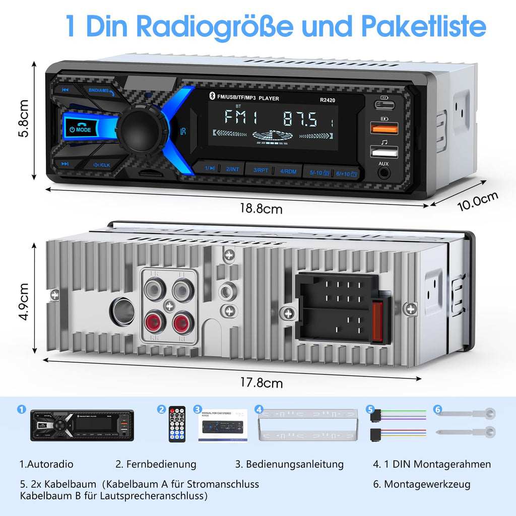 RDS Autoradio Bluetooth mit Typ-C-Ladeanschluss, Wistrue FM/AM Autoradio 1DIN Unterstützt 2USB/AUX/SD/TF/EQ/DSP/MP3 Player