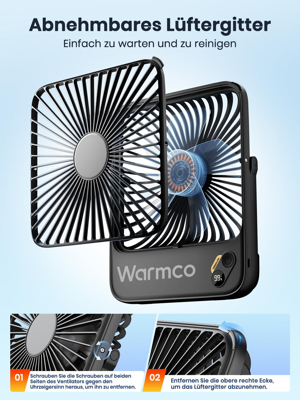 Warmco 10000mAh Tragbarer Ventilator 21 cm Hoch, Max 24h Laufzeit, Ultra-dünn Leise Akku Tischventilator mit Digitalanzeige für Camping, Büro, Schlafzimmer, Reisen