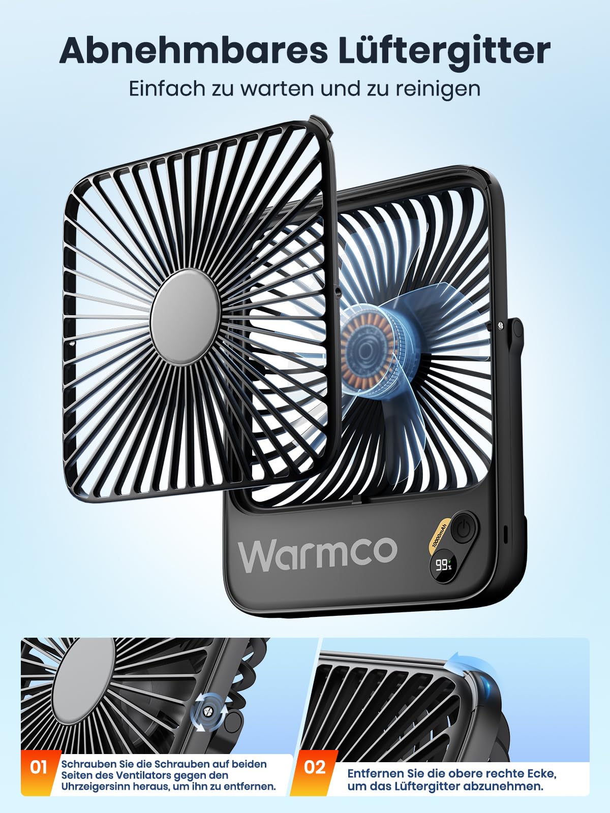Warmco 10000mAh Tragbarer Ventilator 21 cm Hoch, Max 24h Laufzeit, Ultra-dünn Leise Akku Tischventilator mit Digitalanzeige für Camping, Büro, Schlafzimmer, Reisen