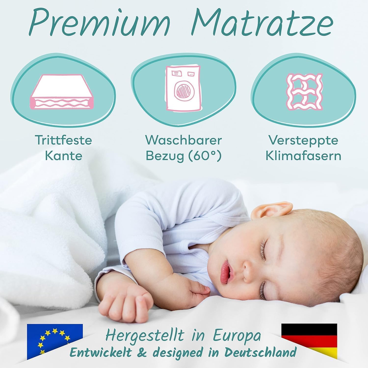 Sun Garden Babymatratze, Kindermatratze 70x140 cm mit Trittkante, Oeko Tex 100 Zertifiziert, Baby Matratze für Babybett, Kinderbett oder Reisebett, Bezug bis 60°C Grad waschbar
