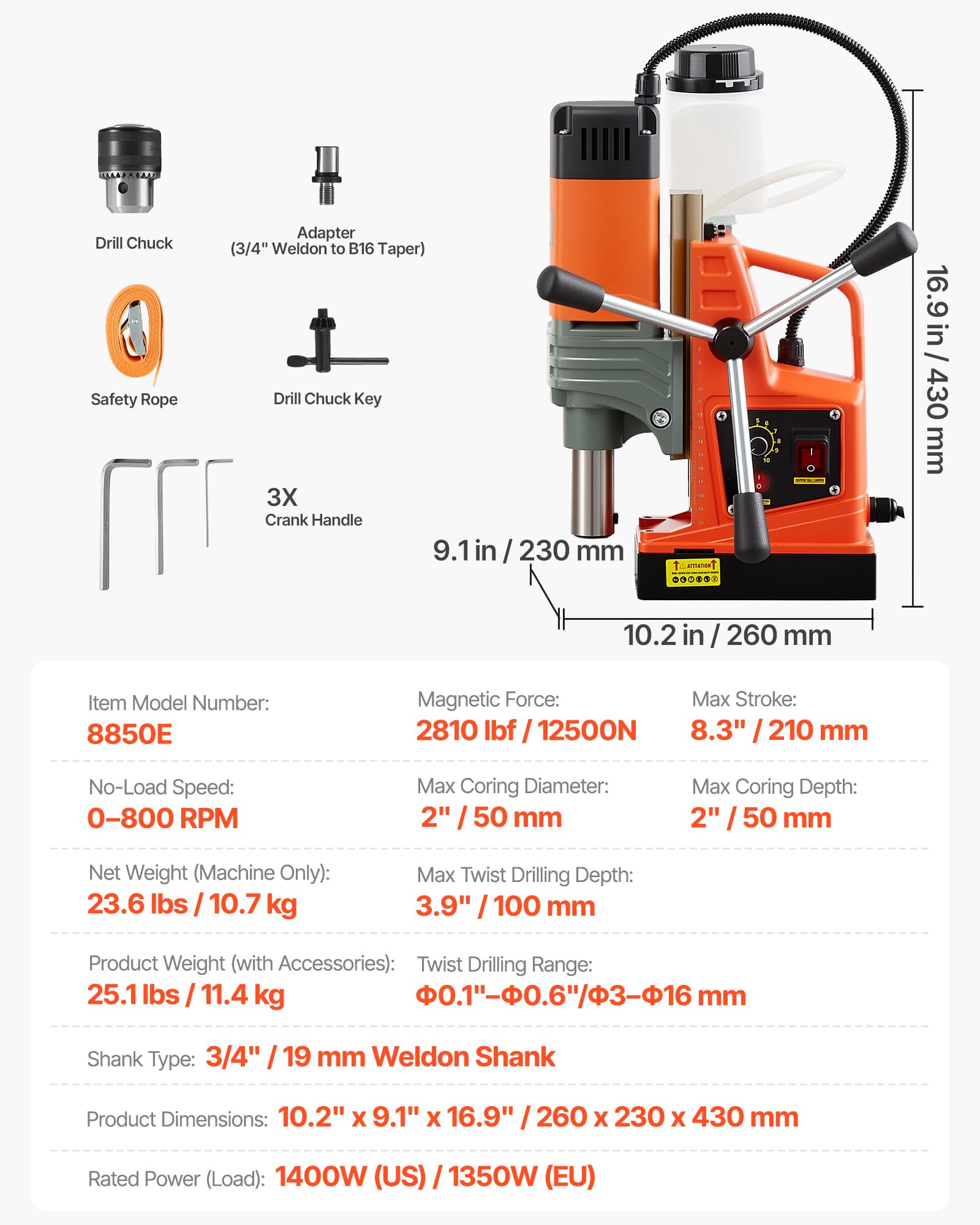 VEVOR Magnetbohrmaschine 1350 W 50 mm Bohrdurchmesser, 12500 N Leistung, tragbare magnetische Bohtanlage mit einstellbarer Drehzahlen & Weldonschaft, für Metalloberflächen Industrie Heimwerker