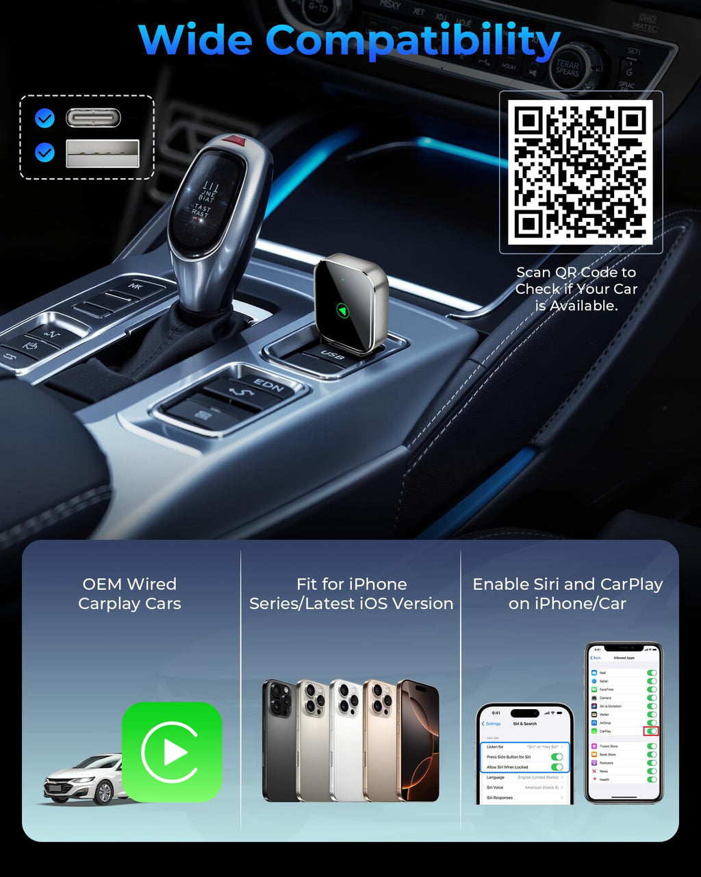 Mini CarPlay Wireless Adapter für iPhone - Converts Wired to Wireless CarPlay Adapter, CarPlay Stick für Apple Wired CarPlay Cars & für iPhone iOS 10+, USB & Type-C, Plug & Play