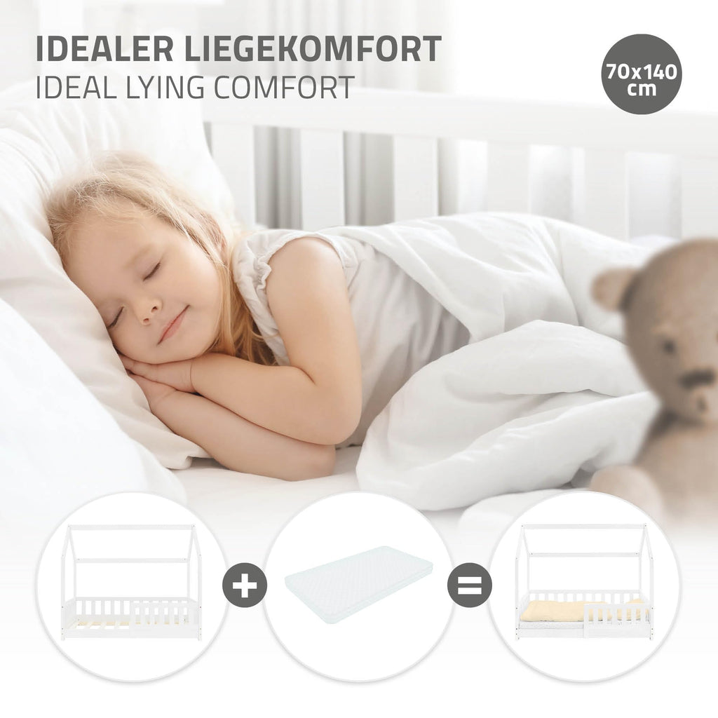 ML-Design Kinderbett 70x140 cm mit Rausfallschutz, Dach und Lattenrost, Weiß, Massivholz Kinder Bett, Hausbett für Mädchen/Jungen, Bettenhaus aus massivem Kiefernholz, Bodenbett Jugendbett Kinderhaus