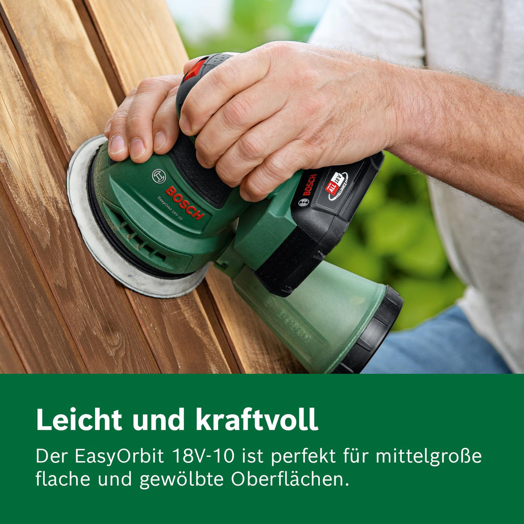 Bosch Akku-Exzenterschleifer EasyOrbit 18V-10 (Schleifen von kleinen bis mittelgroßen Holzoberflächen sowie lasierten und lackierten Oberflächen; Durchmesser: 125 mm; Akku 2.0Ah und Ladegerät)