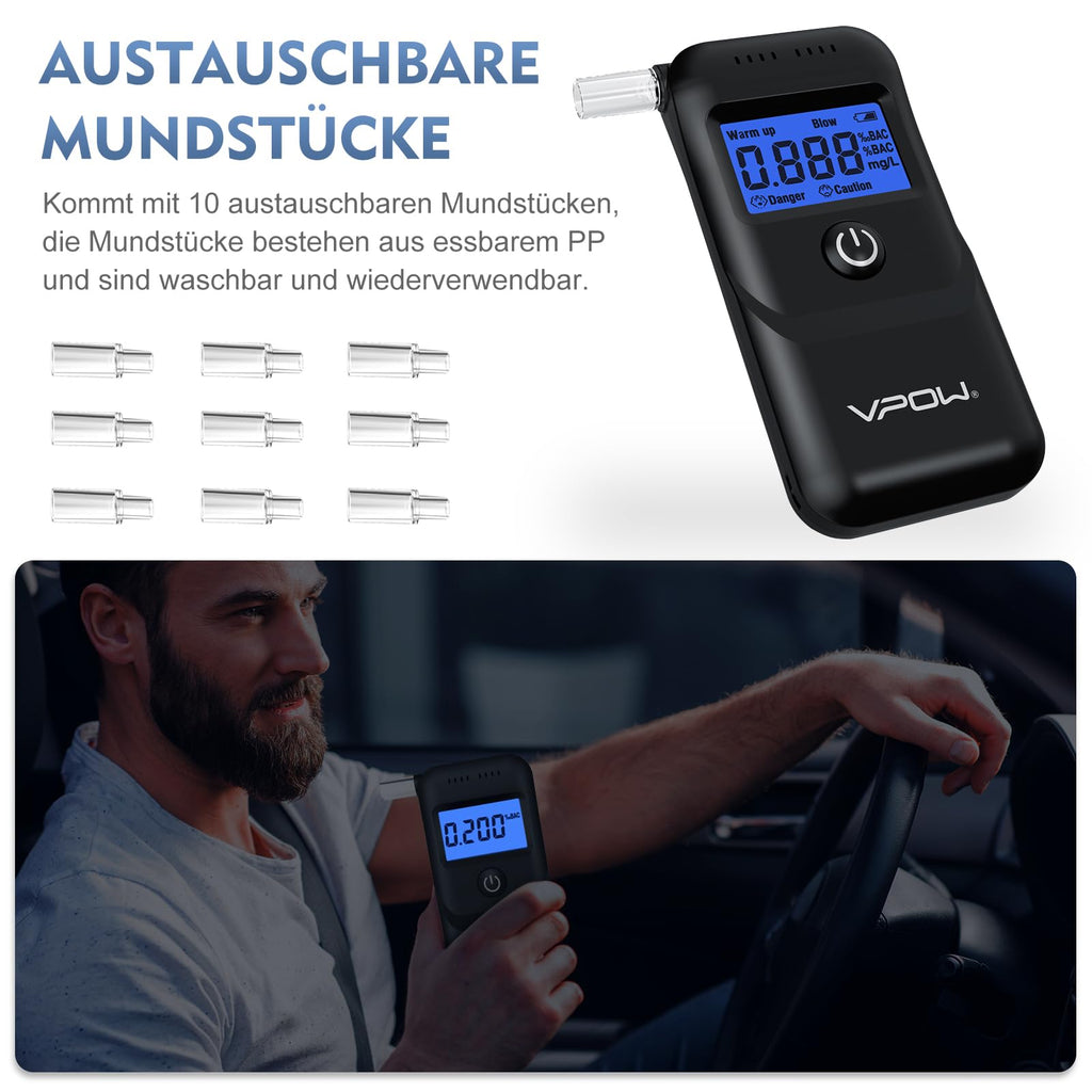 VPOW Alkoholtester, Professioneller Alkoholtester mit digitaler Blauer LCD-Anzeige, Atemalkoholtester mit Gradgenauigkeit für den privaten professionellen Gebrauch zu Hause - Dunkles Schwarz