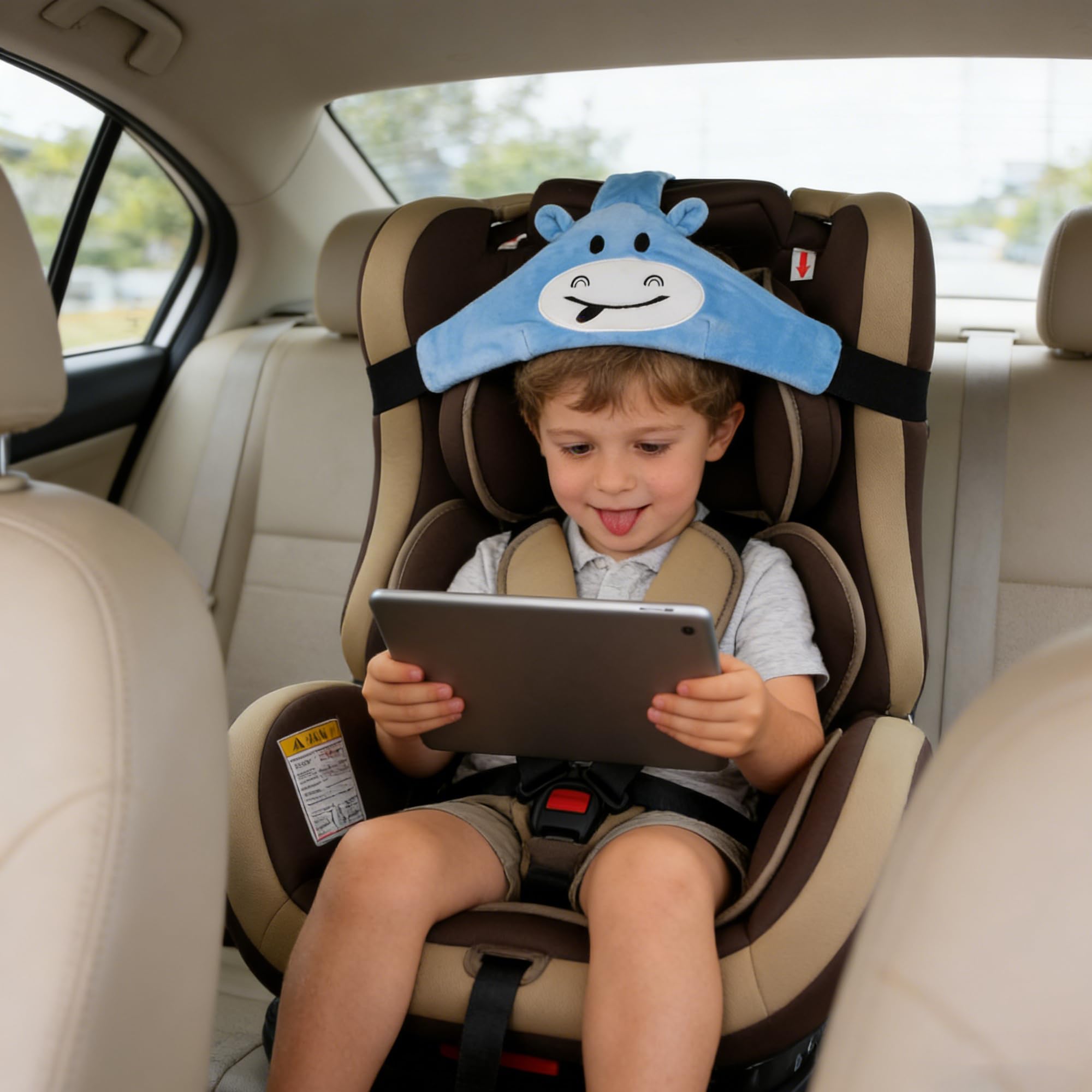MINGZE Baby Autositz Kopfunterstützung, Auto Sicherer und gemütlicher Schlafpositionierer, Einstellbar Sicherheitssitz Befestigungsgurt, Protektor Kopfstütze Nackenstütze für Kinder Baby (Blau)