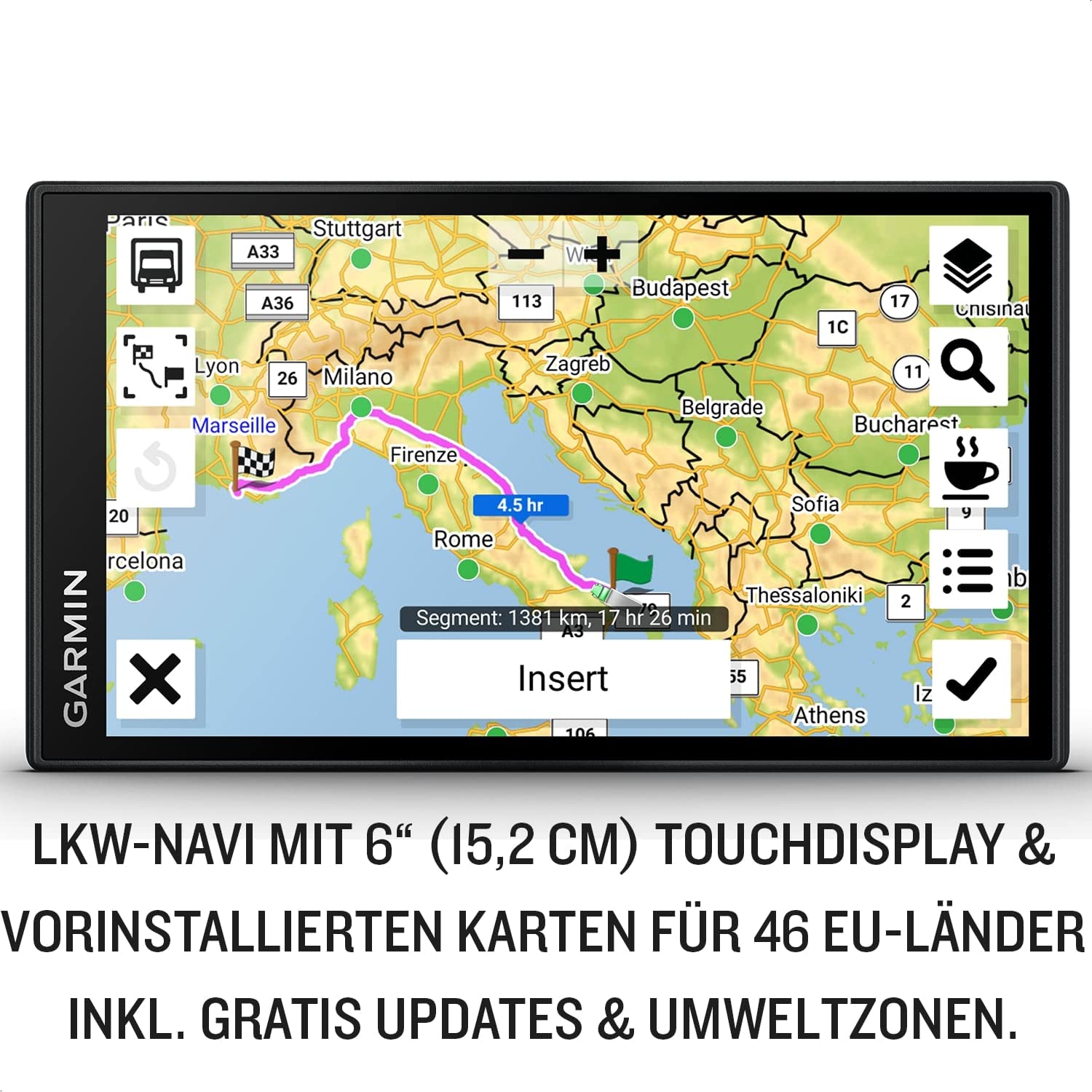 Garmin dēzl LGV 610 EU – LKW-Navigationsgerät mit Farbdisplay, vorinstallierten EU Karten (46 Länder), fahrzeugspezifischem Routing, Echtzeitdienste & Zielorte mit Satellitenbildern
