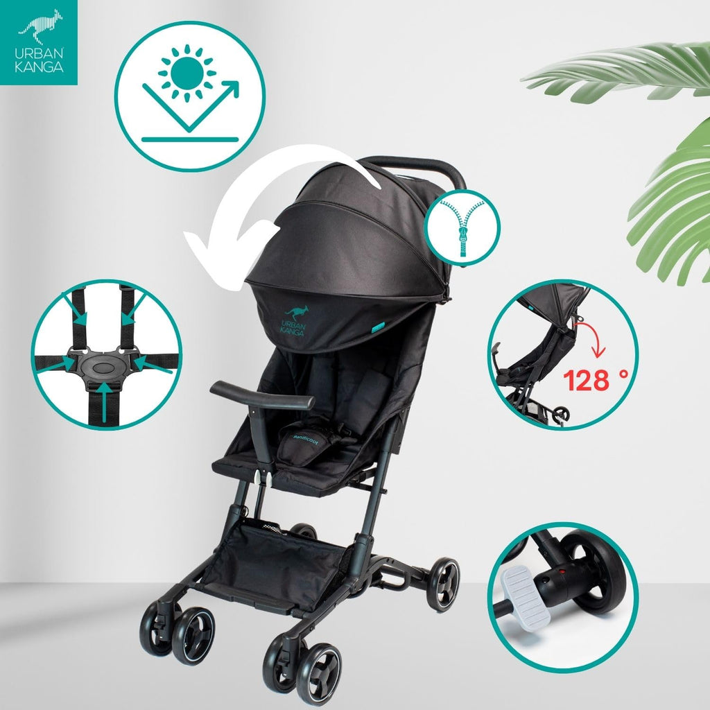 Urban Kanga Bandicoot Reisebuggy fürs Flugzeug-Handgepäck – Ultraleichter, Kompakt Zusammenklappbarer Buggy bis 22 kg mit Schultergurt & Abdeckung (Midnight Black)