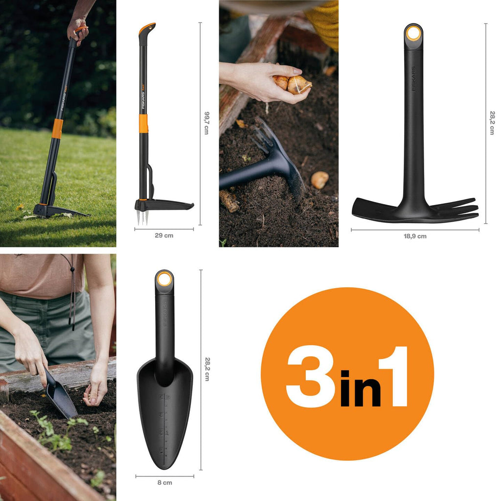Fiskars Gartenwerkzeuge-Set, 3-teilig, Xact Unkrautstecher, Rostfreier Stahl/Kunststoff, Solid-Kombihacke und -Blumenkelle, Glasfaserverstärkter Kunststoff, Schwarz/Orange, 1077307