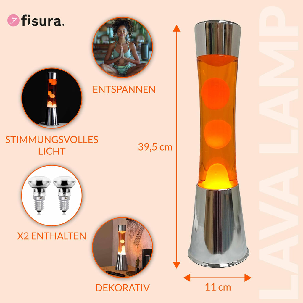 FISURA - Lavalampe orange. Silberner Chromsockel, orangefarbene Flüssigkeit und orangefarbene Lava. Lavalampe mit ersatzbirne.11 x 11 x 39,5 Zentimeter