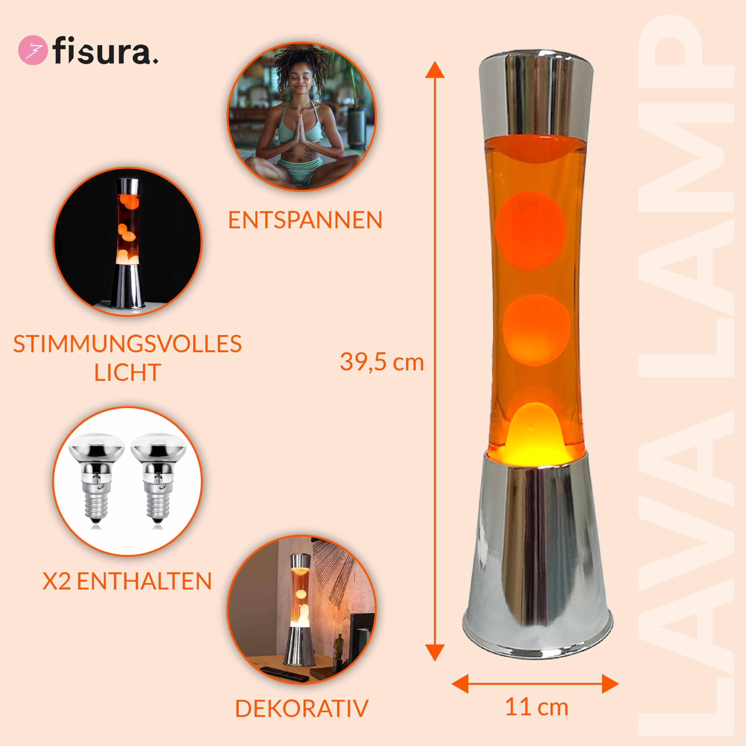 FISURA - Lavalampe orange. Silberner Chromsockel, orangefarbene Flüssigkeit und orangefarbene Lava. Lavalampe mit ersatzbirne.11 x 11 x 39,5 Zentimeter