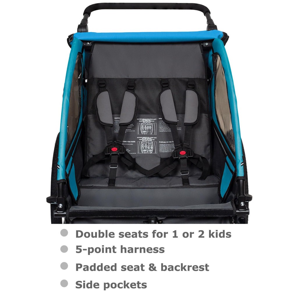 Tiggo VS Kinderanhänger 360° Drehbar mit Federung 2in1 Fahrradanhänger mit Buggy Set Jogger 5-Punkt Gurt Fahrrad Anhänger für 1 bis 2 Kinder max. 40kg (Blau)