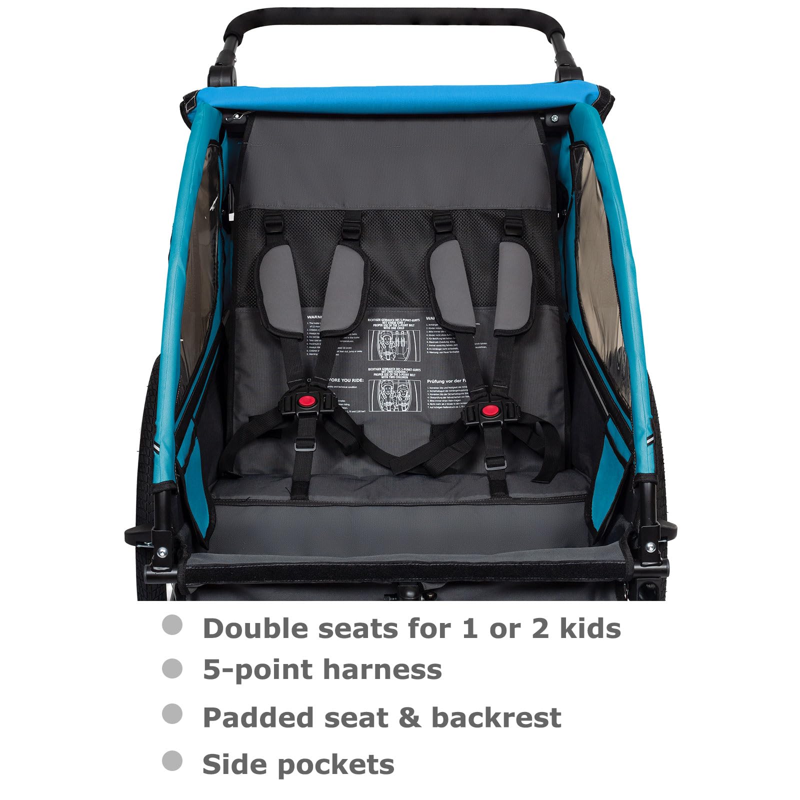 Tiggo VS Kinderanhänger 360° Drehbar mit Federung 2in1 Fahrradanhänger mit Buggy Set Jogger 5-Punkt Gurt Fahrrad Anhänger für 1 bis 2 Kinder max. 40kg (Blau)