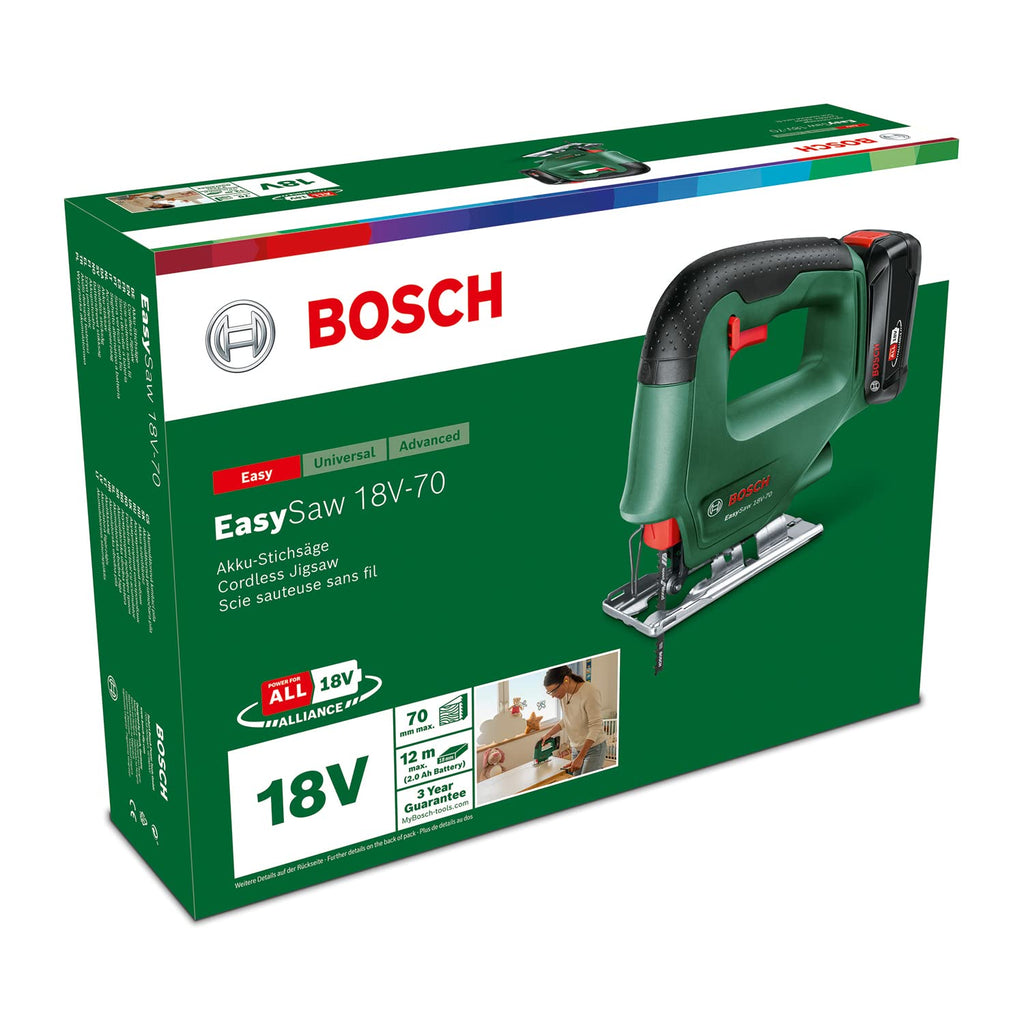 Bosch Akku Stichsäge EasySaw 18V-70 (2,0 Ah Akku, 18 Volt System, mit 1 Stichsägeblatt, Ladegerät AL 18V-20, im Karton)
