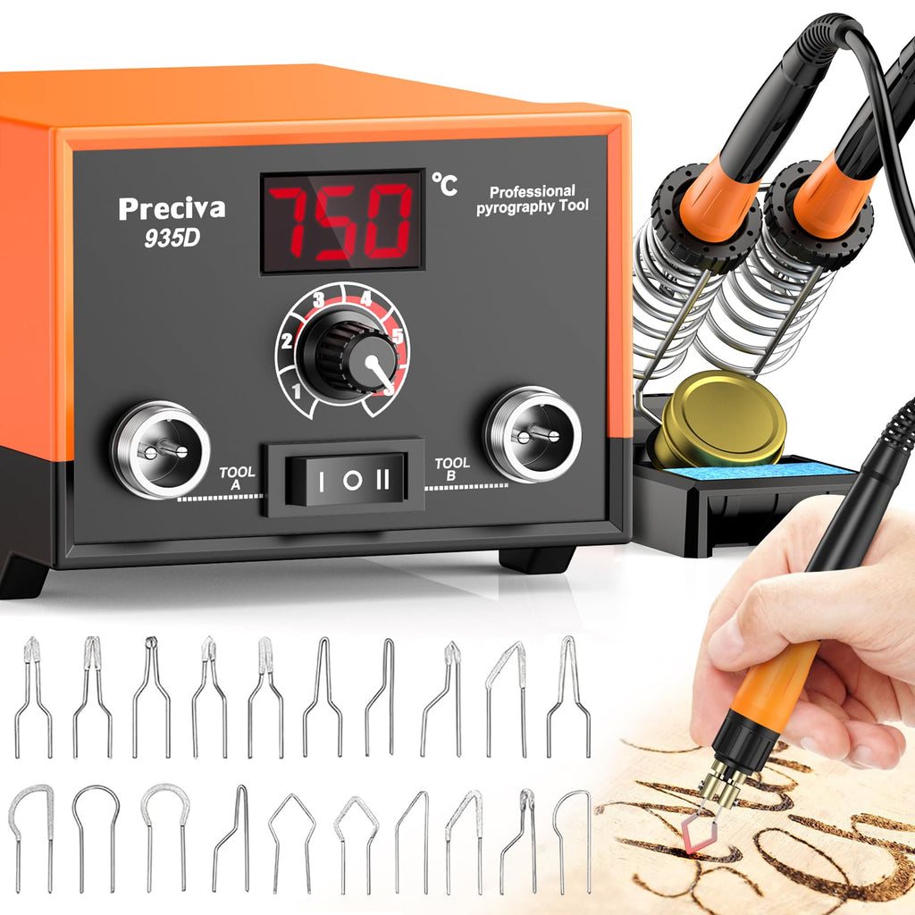Brandmalstation, Preciva Brandmalerei Set 935D Bastelset Lötstation Lötkolben Set, Dual Brennkolben mit Displayanzeige 250-750 ℃ Holzbrennstation mit 20-teilig Spitzen für Holz, Leder und Kork DIY
