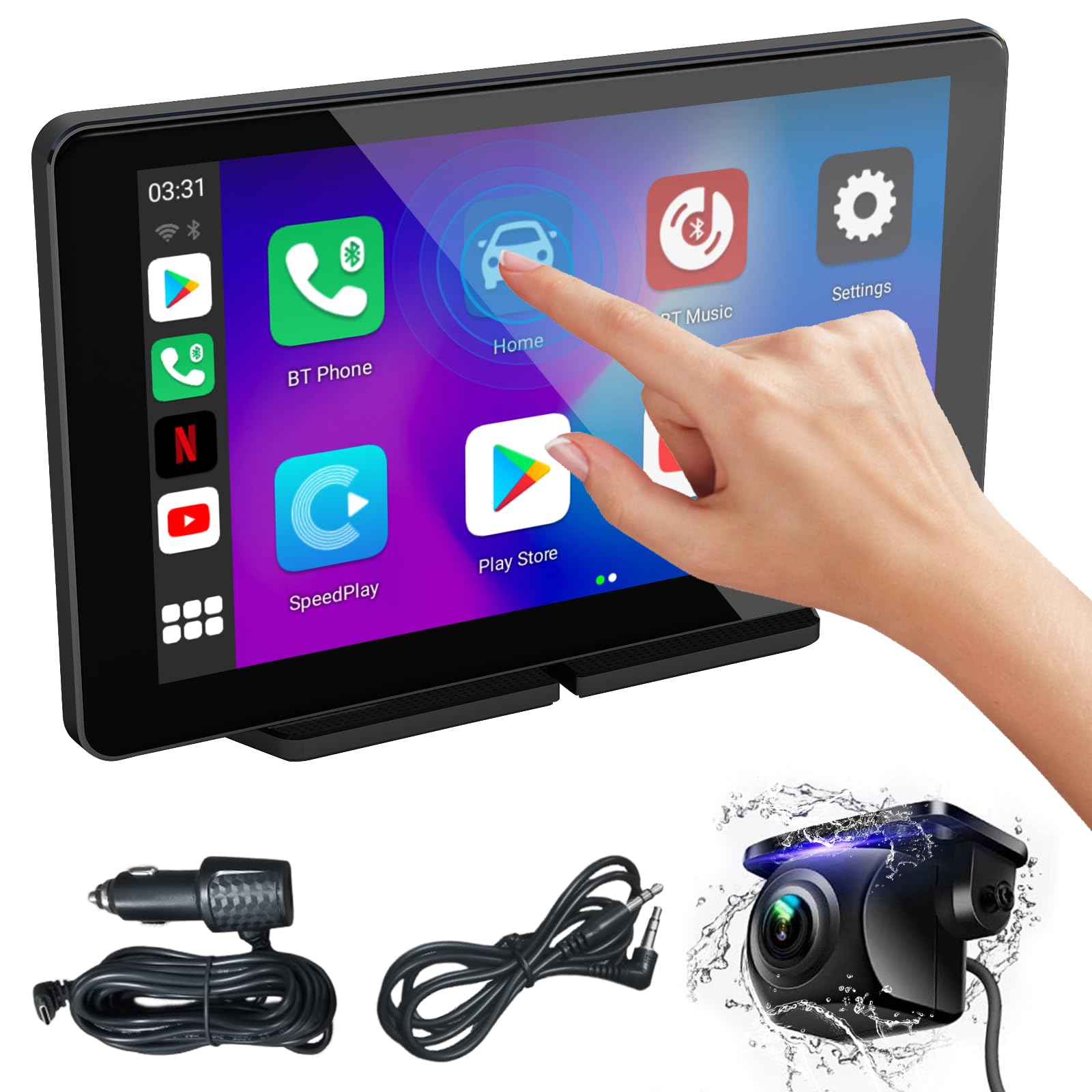 7 Zoll Wireless Carplay Display, Tragbarer Auto Bildschirm Mit Carplay & Android Auto, HD Rückfahrkamera, GPS Navigation, Siri/G00gle Assistant, Mirror Link, Bluetooth, FM