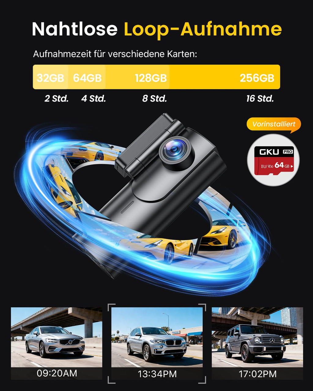 GKU 4K Dashcam Auto Vorne Hinten, 5GHz WiFi Dashcam mit 64GB SD Karte, Auto Kamera mit Parküberwachung, Super Nachtsicht, WDR, 170° Weitwinkel, G-Sensor, Loop-Aufnahme, APP Steuerung, Max 256GB