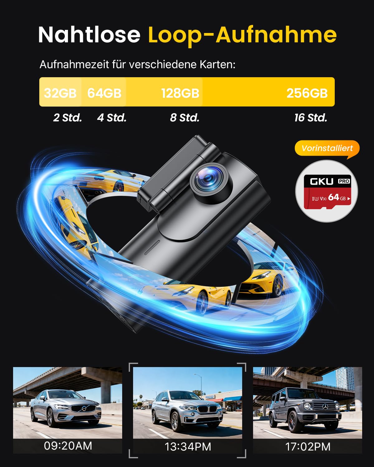 GKU 4K Dashcam Auto Vorne Hinten, 5GHz WiFi Dashcam mit 64GB SD Karte, Auto Kamera mit Parküberwachung, Super Nachtsicht, WDR, 170° Weitwinkel, G-Sensor, Loop-Aufnahme, APP Steuerung, Max 256GB