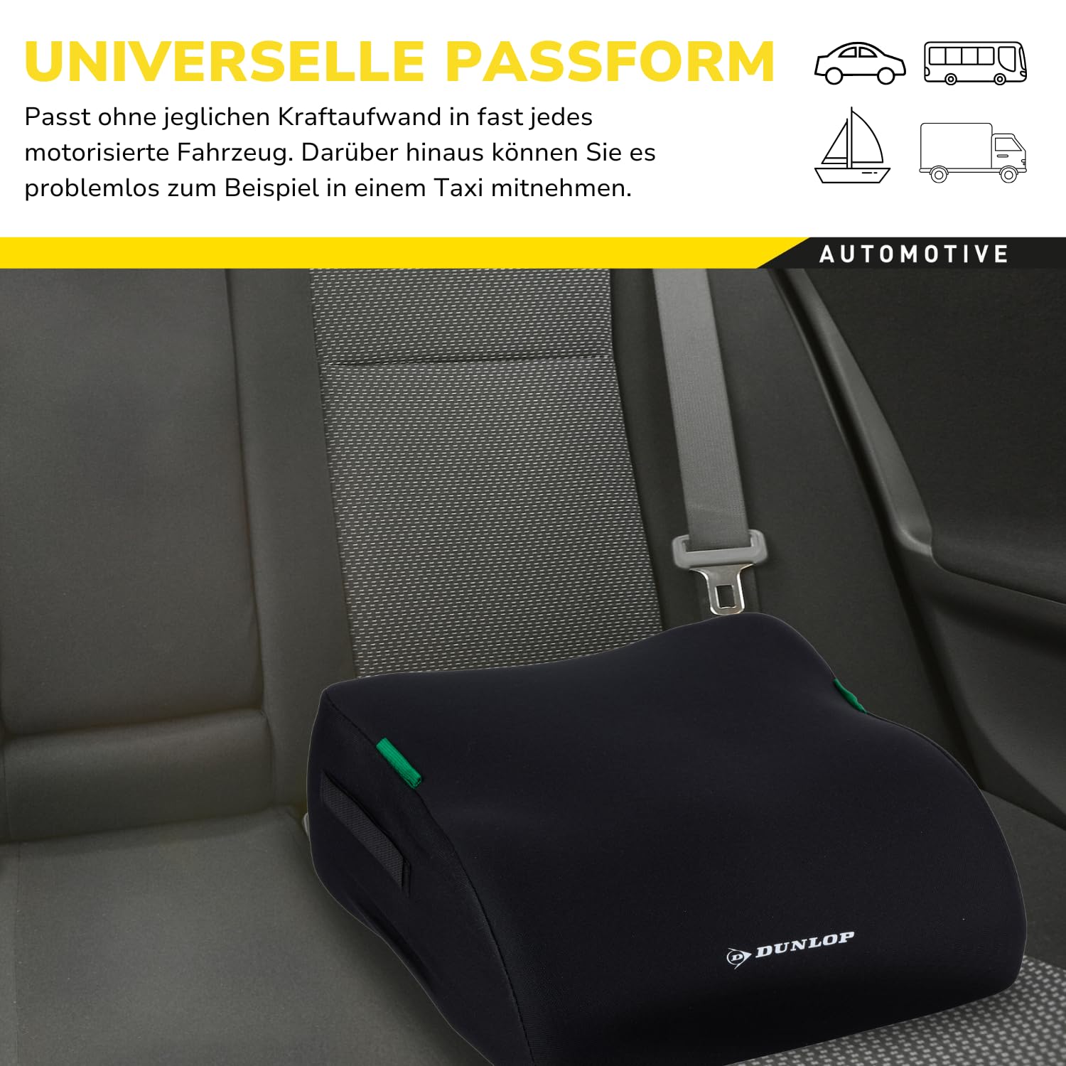 Dunlop Sitzerhöhung Auto Kinder Schwarz Kindersitzerhöhung ECE R129 - Ergonomischer Kindersitz Ab 3 Jahre - Kinderautositz Mit Waschbarem Bezug - Sitzkissen Auto Für Kinder 135-150 cm