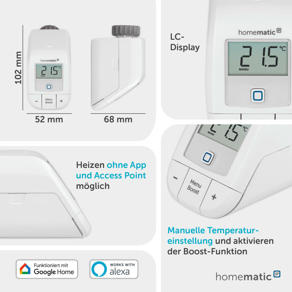 Homematic IP Erweiterungsset Heizen – Basic, Smart Home, 3X digitaler Thermostat Heizung, Steuerung per App, Alexa, Google Assistant, einfache Installation, Energie sparen, 161216A1