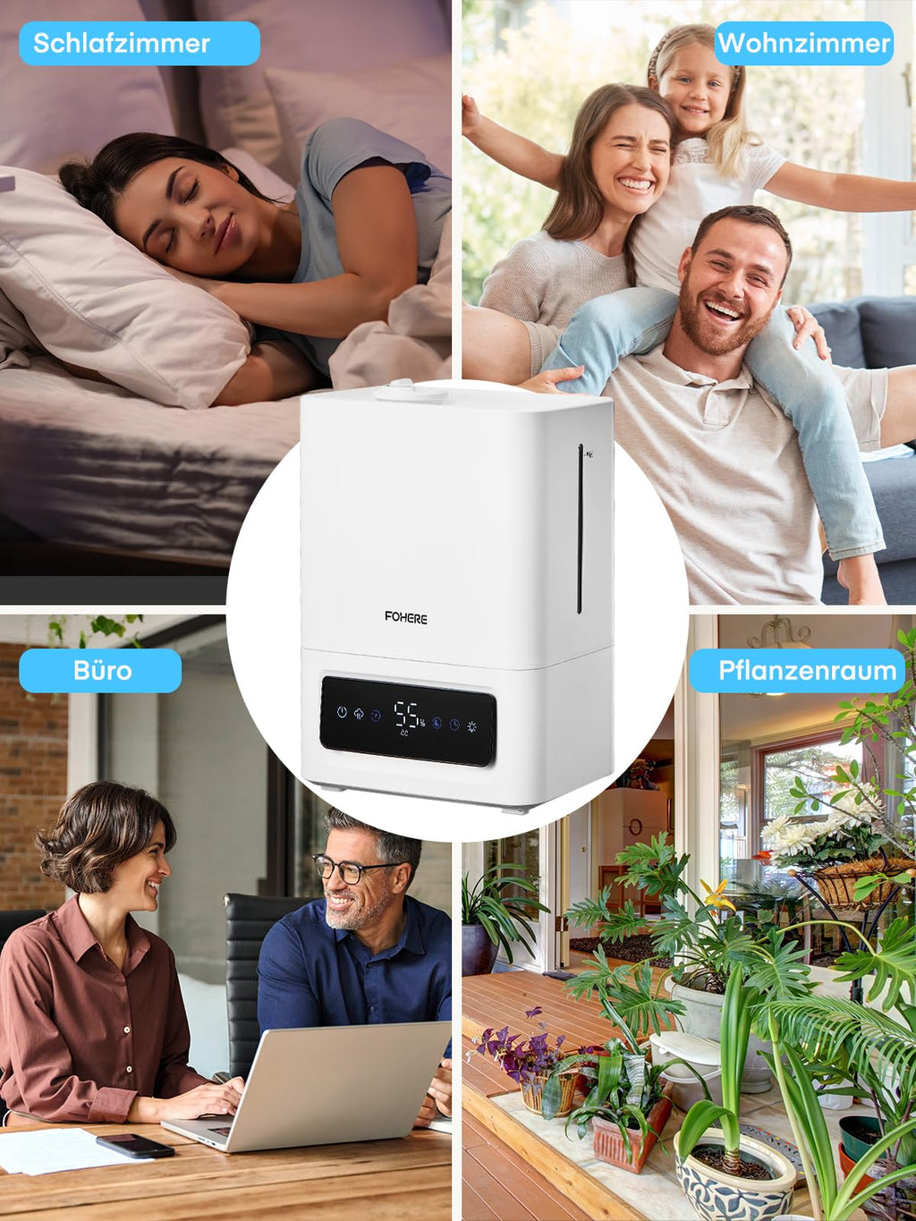 FOHERE 6L Luftbefeuchter für Große Räume, 60H Kaltnebel leiser Humidifier für Kinderzimmer, Schlafzimmer, Pflanzen, 28dB Ultra Leise, Präziser Feuchtigkeitssensor, 16H Timer, Aromadiffusor, Weiß