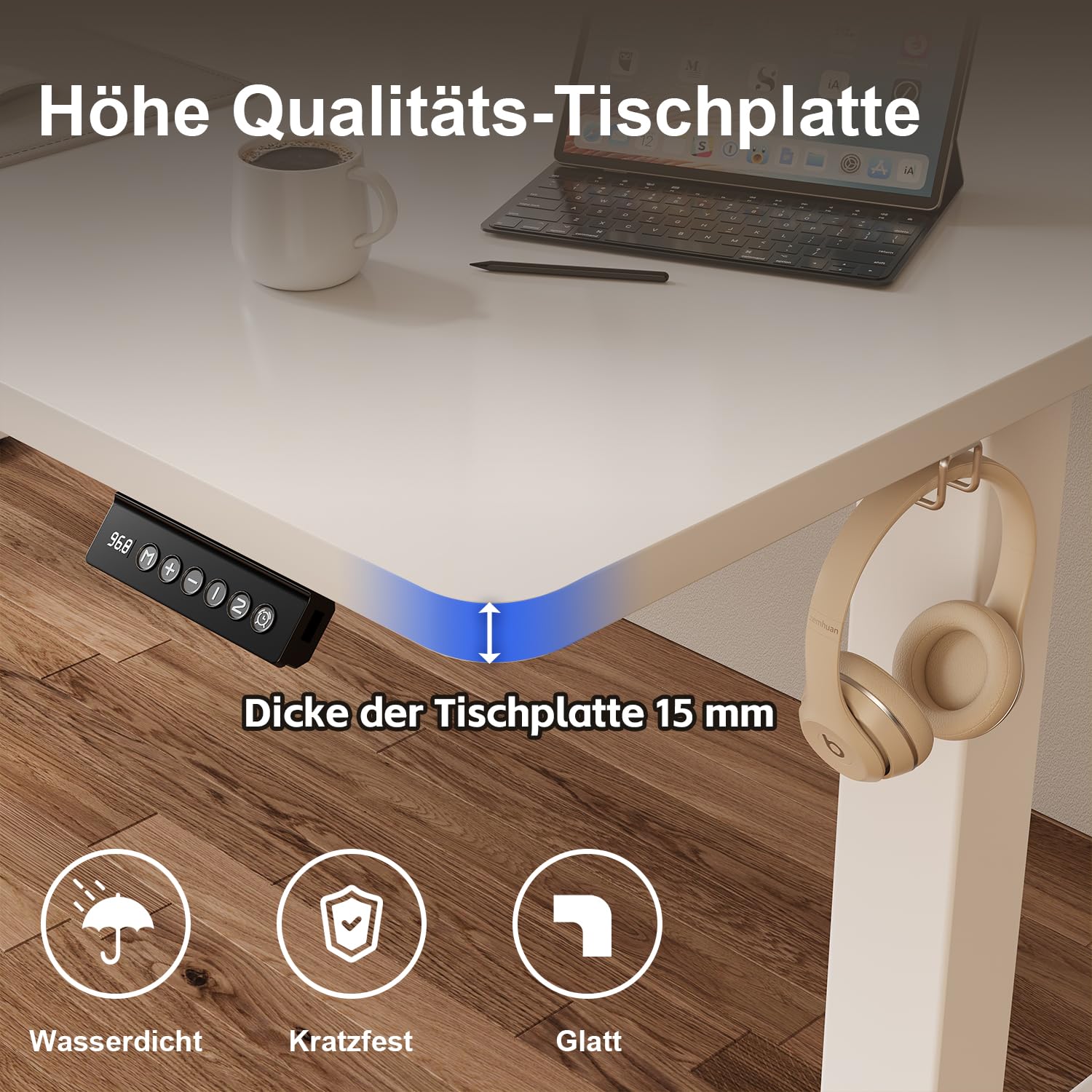 JUMMICO Elektrischer Höhenverstellbarer Schreibtisch - Steh-Sitz Tisch mit Memory-Funktion & Kompletter Tischplatte, Computertisch für Büro & Zuhause 140 x 60 cm Weiß