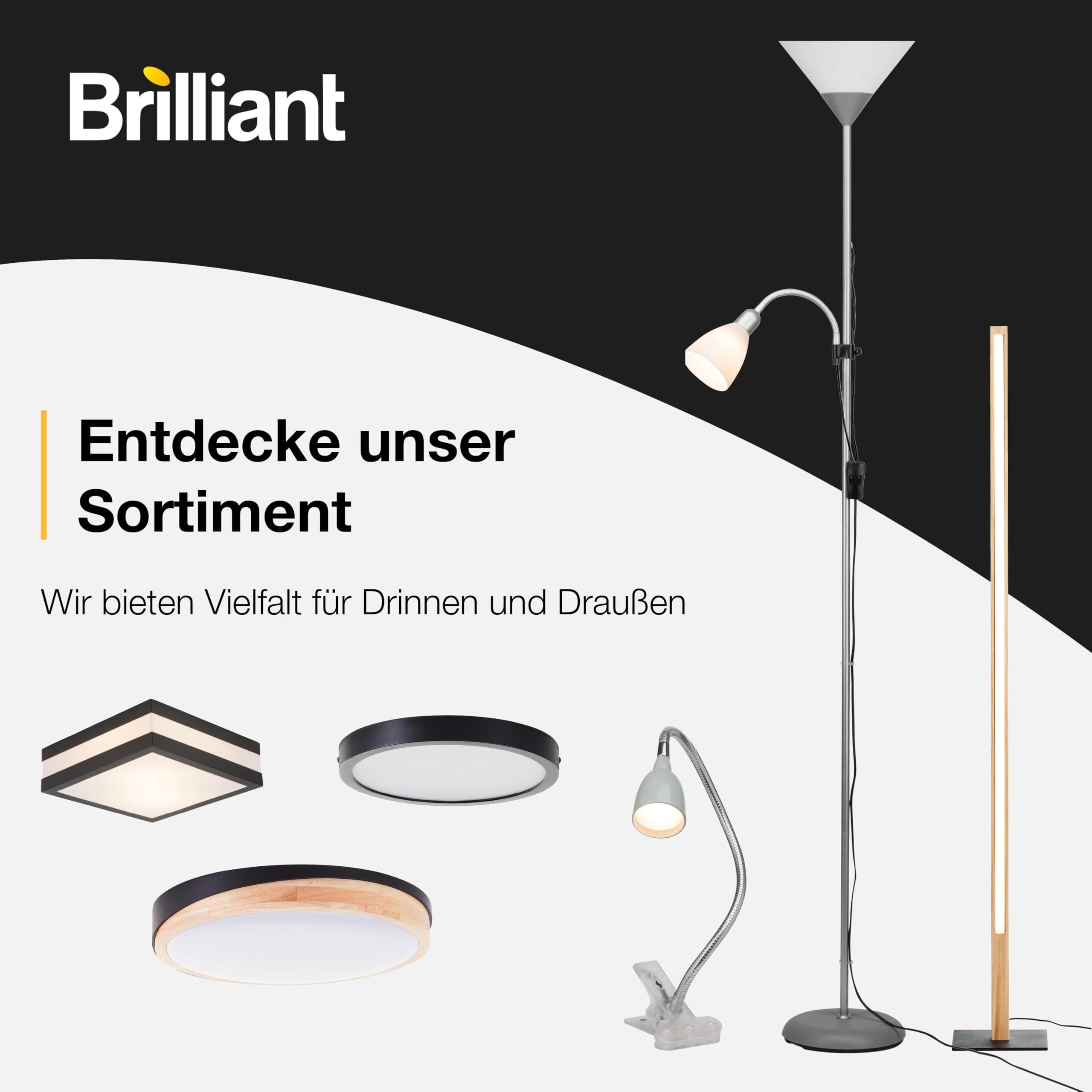 Brilliant Spari Deckenfluter mit Leselampe schwarz, weiß – LED Stehlampe – 1,8 m Standleuchte – für LED-Leuchtmittel geeignet (E27 & E14 Fassung) – mit verstellbarem Lesearm