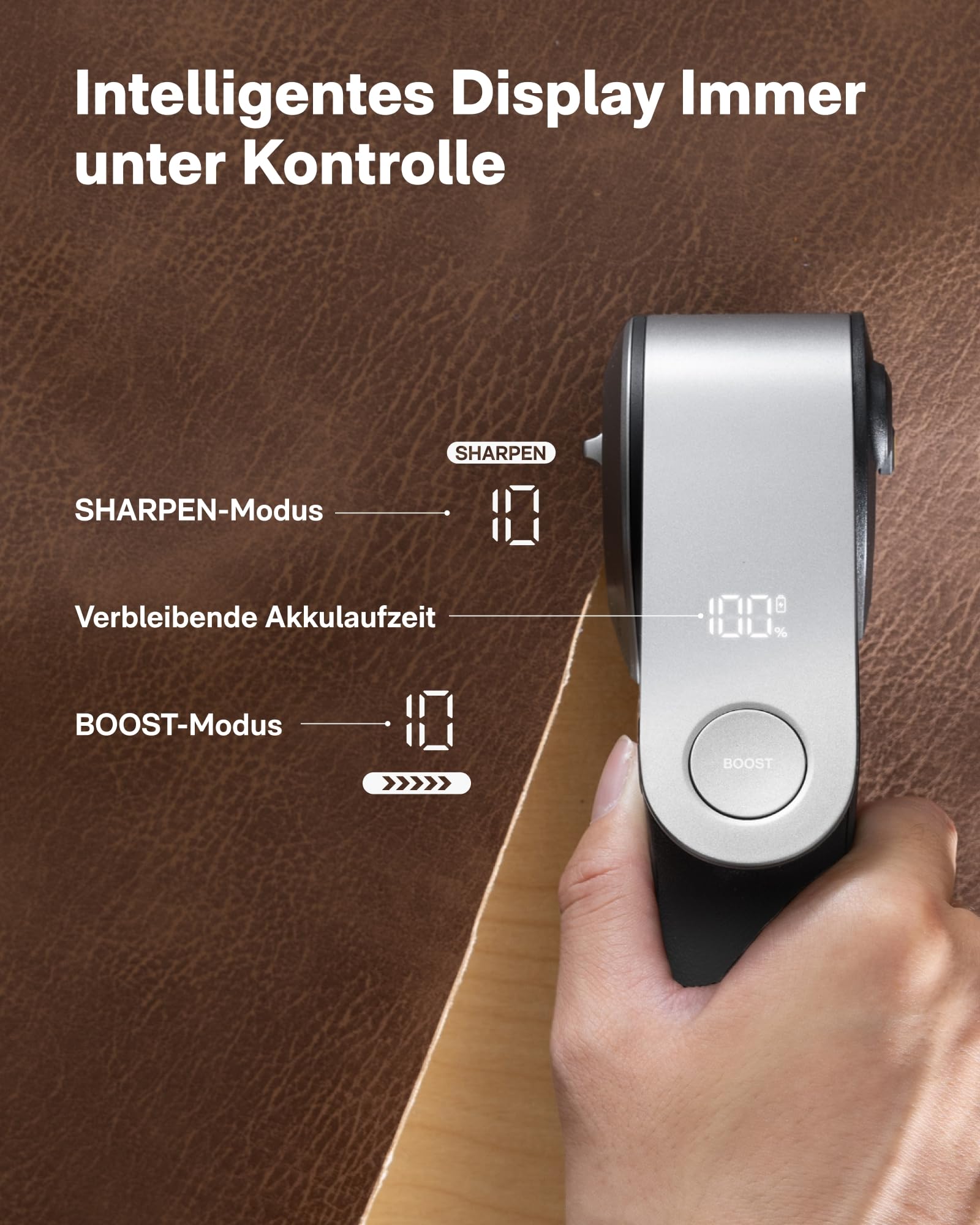 HOTO EdgeFlow Elektrisch Kartonschneider mit Titanklinge & LED-Display, Elektrische Schere, Selbstschleifend & Werkzeugloser Einfacher Klingenaustausch, Sicherheitsriegel für Karton, Teppich, Leder