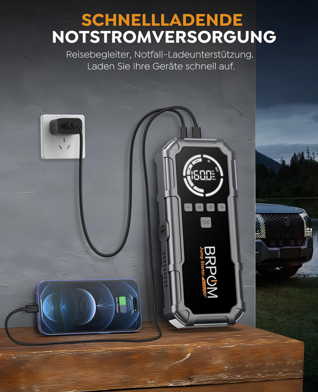 BRPOM Starthilfe Powerbank für Pkw mit Kompressor 160PSI,8000A 26800mAh Auto Starthilfe Powerbank für All Benzin und 12.0L Dieselmotor,Starter Powerbank Eingang/Ausgang und 600LUM LED-Licht