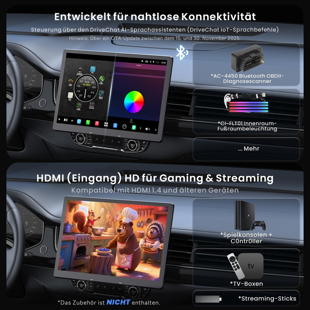 ATOTOZONE 12.9" QLED AI Android Autoradio 1 DIN, Floating Screen Auto, 8G+128G In-Dash Navigation,4G LTE, Kabelloses CarPlay & Android Auto, Dual-Phone & 2 Bluetooth,SCVC,GPS-Tracking,X10G129E