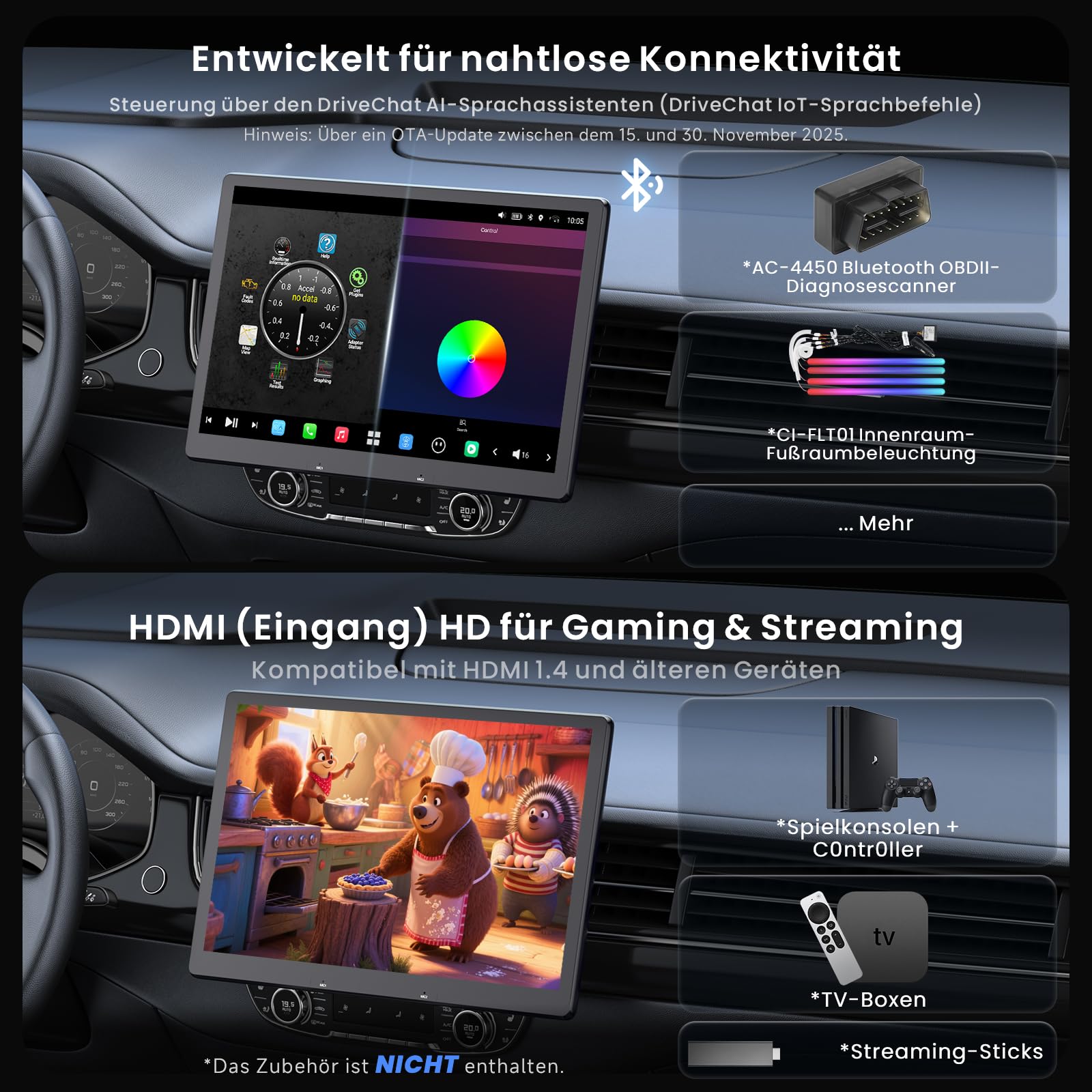 ATOTOZONE 12.9" QLED AI Android Autoradio 1 DIN, Floating Screen Auto, 8G+128G In-Dash Navigation,4G LTE, Kabelloses CarPlay & Android Auto, Dual-Phone & 2 Bluetooth,SCVC,GPS-Tracking,X10G129E