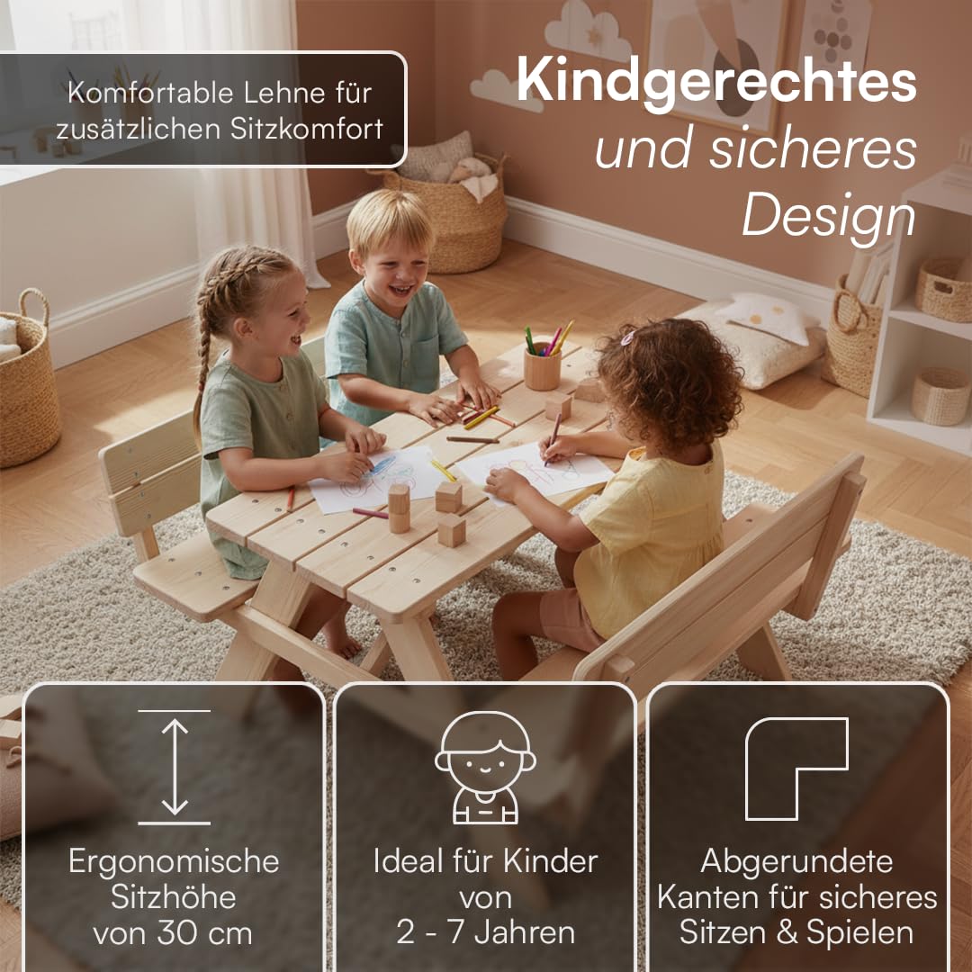 Bellabino Inny Kindersitzgruppe für 4 Kinder – Kindertisch mit 2 Bänken mit Lehne – Sitzbank Outdoor 30cm Höhe – Kinder Sitzgruppe in Natur aus Kiefernholz unbehandelt – Kinderbank für den Garten