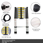 Vlio 3,8M Teleskopleiter, Mehrzweckleiter Aluminium, 150 kg/330 Pfund Belastbarkeit, Ausziehbar Aluleiter, Ausziehleiter Mehrzweckleiter für Dachboden/Kletterdach/Büronutzung/Baujob, Silber