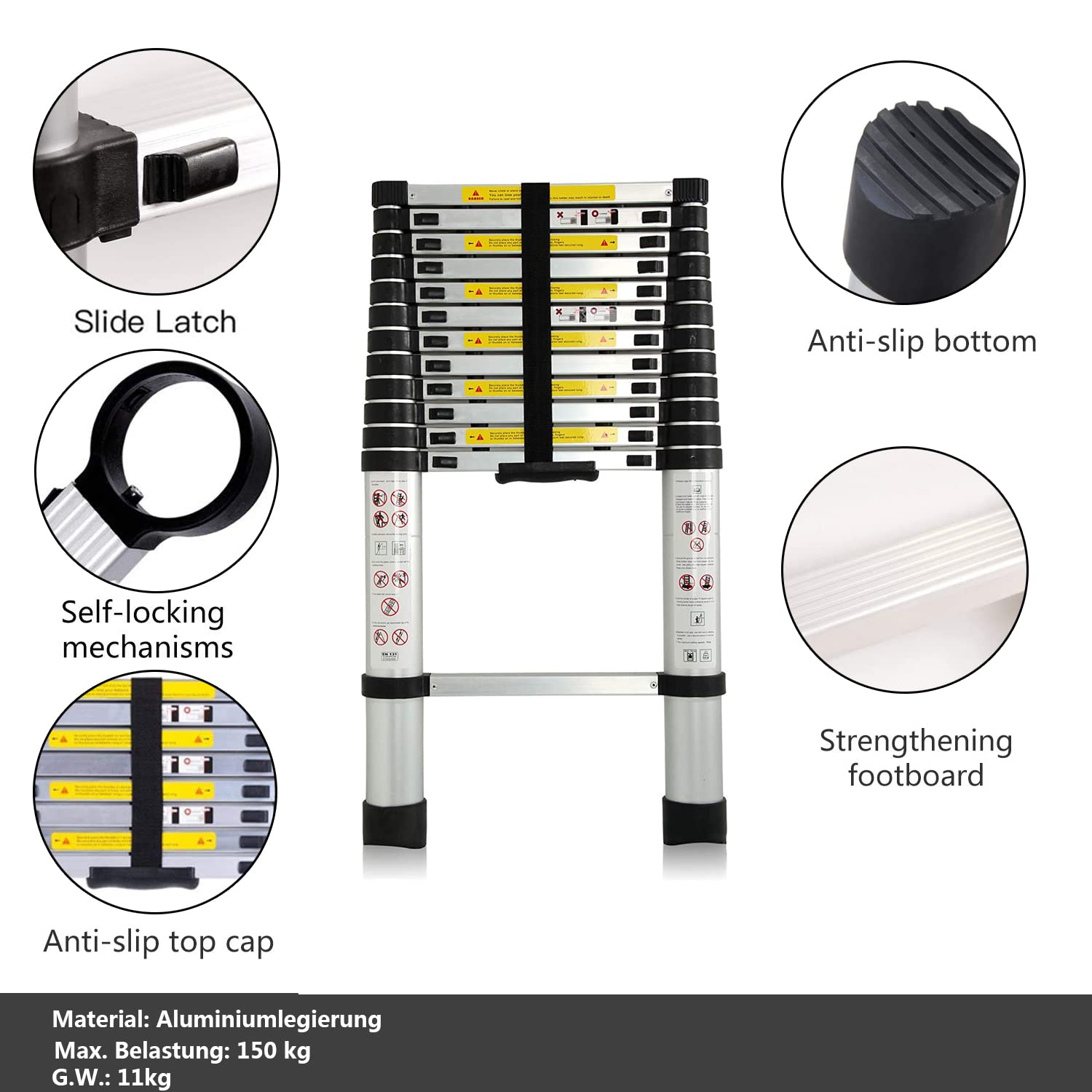 Vlio 3,8M Teleskopleiter, Mehrzweckleiter Aluminium, 150 kg/330 Pfund Belastbarkeit, Ausziehbar Aluleiter, Ausziehleiter Mehrzweckleiter für Dachboden/Kletterdach/Büronutzung/Baujob, Silber