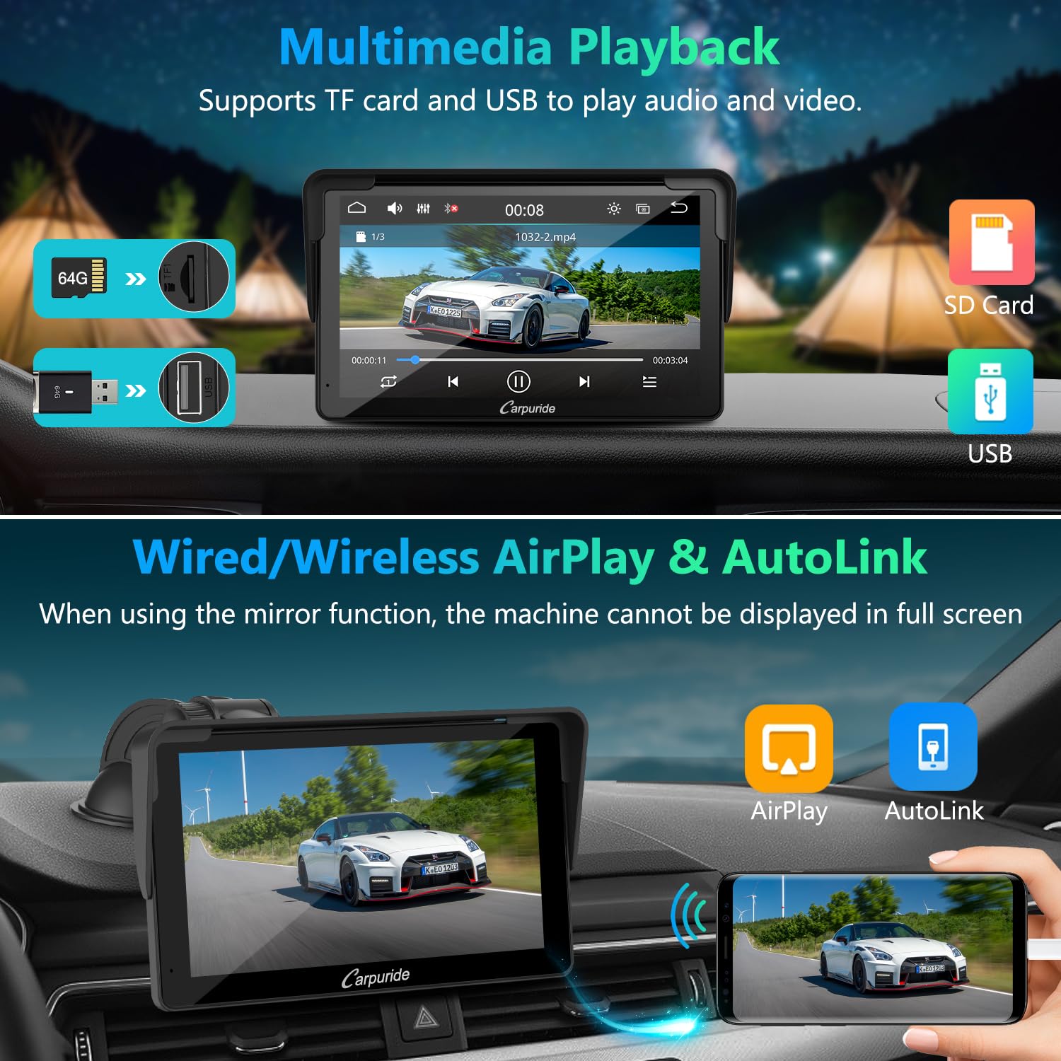 Carpuride Carplay Screen, Tragbares Kabelloses Carplay und Android-Auto, 7 Zoll 1080P HD-Touchscreen-Radio mit BT 5.0, Spiegel-Link-Unterstützung, LKW, Wohnmobil, Armaturenbrett-Halterung