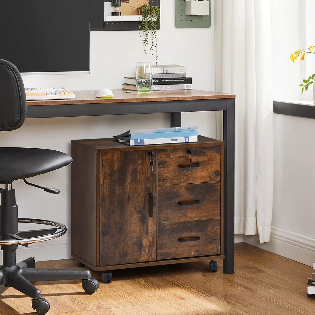 TUKAILAI Rollcontainer Aktenschrank aus Holz, Abschließbar Büroschrank mit 3 Schubladen und Tür, Mobiler Schreibtisch Unterschrank mit 4 Rollen für Büro Arbeitszimmer Wohnzimmer, 40×60×57 cm, Braun