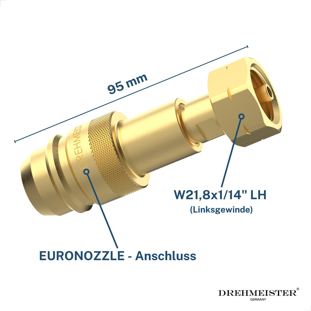 Drehmeister Euronozzle LPG Adapter – Gasflaschen Adapter W21,8x1/14 LH – 95mm – Autogas Tankadapter für Spanien & Portugal – Messing, hochwertig verarbeitet