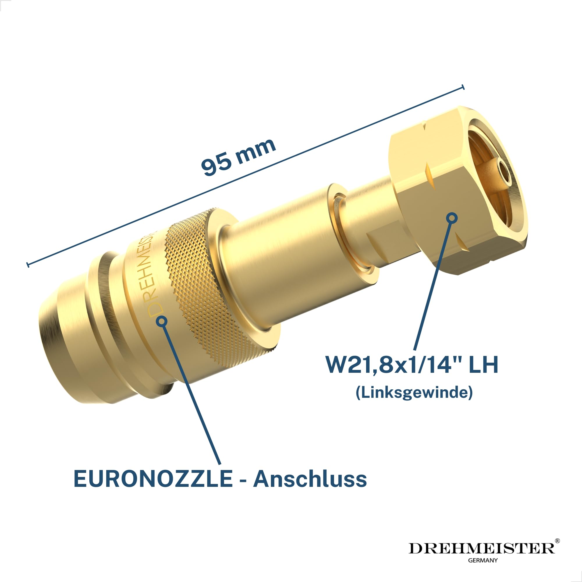 Drehmeister Euronozzle LPG Adapter – Gasflaschen Adapter W21,8x1/14 LH – 95mm – Autogas Tankadapter für Spanien & Portugal – Messing, hochwertig verarbeitet